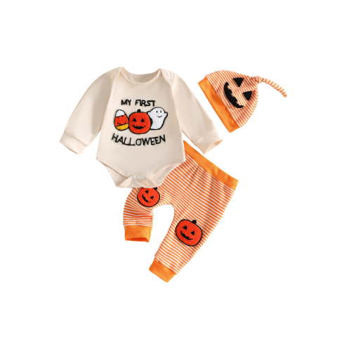 Cjfdfy Newborn Baby Boy My First Halloween Outfits Infant Baby Boys Fall Winter Clothes1 3 6 12 Months Pumpkin Ghost Embroidery Long Sleeve Romper Elastic Waist Pants and Hat Set