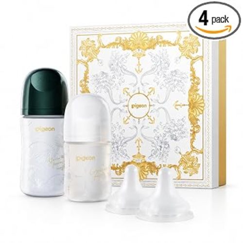 Pigeon Glass Baby Bottle Feeding Gift Set with Silicone Coating, Nurture & Nest, Anti-Colic Wide Neck & Latch-On Nipple, 2 Bottles (5.4/8.1 Oz) and 2 Extra Stage 2/4 Nipples