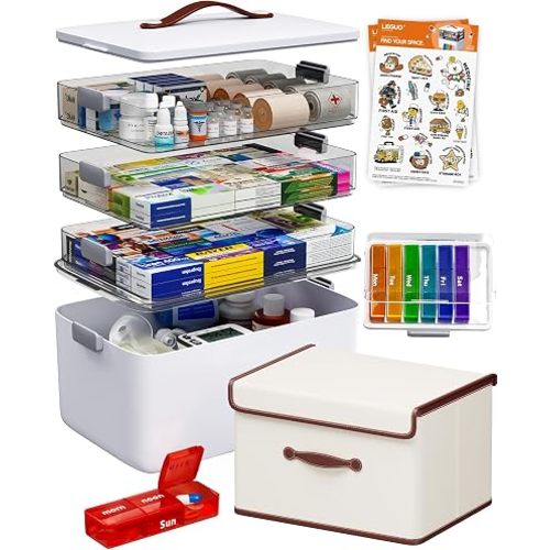 Medicine Organizer Box, 3-Tier Medicine Storage Box with Clear Trays and Carry Handle, Empty First Aid Kit Organizer for Pills, Bottles, Bandages, Home Cabinet