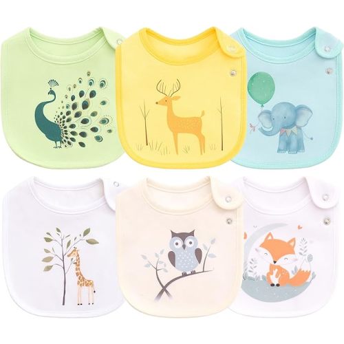Maiwa 6 Pack Waterproof Cotton Baby Bibs for Girls Boys for Drooling Eating with Snaps