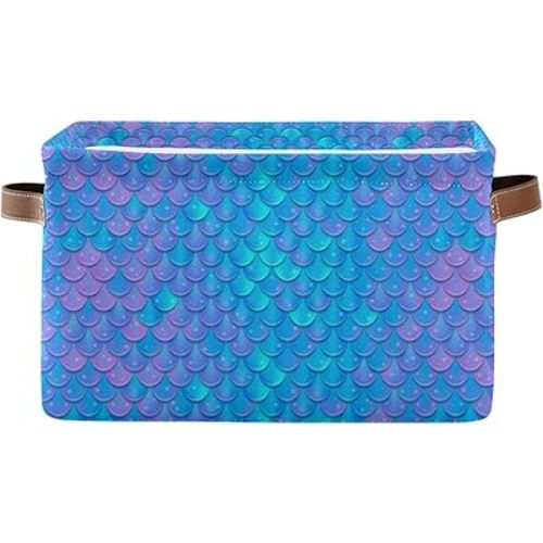 Blue Mermaid Scale Storage Baskets,Decorative Collapsible Rectangular Canvas Fabric Storage Bin for Home