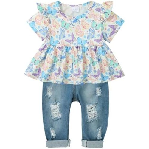 CARETOO Girls Clothes Outfits Cute Baby Girl Floral Long Sleeve Pant Set Flower Ruffle Top