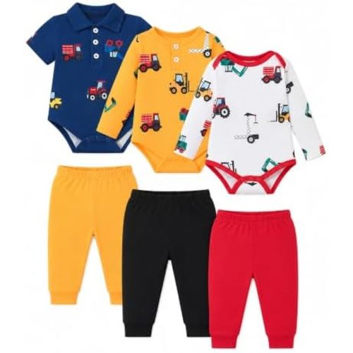 Jecson Baby Boy Clothes 6 Piece Stretch Bodysuit and Pants Outfit for 0-12M