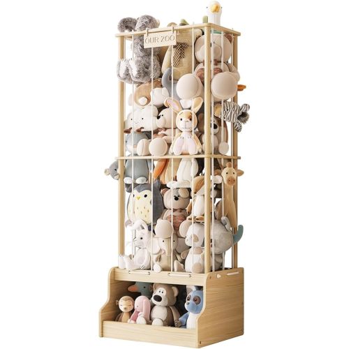 Stuffed Animal Storage, Wood Stuffed Animal Zoo with Toy Chest, Vertical Stuffed Animal Holder with Thicker Elastic Band, Plushies Storage for Playroom, Living Room, Nurseryroom, Bedroom
