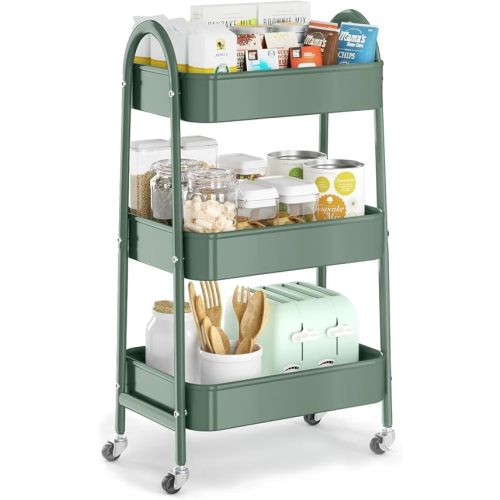 EAGMAK 3 Tier Utility Rolling Cart, Metal Storage Cart with Handle and Lockable Wheels, Multifunctional Storage Organizer Trolley with Mesh Baskets for Kitchen, Living Room, Office, Garage (Jungle)