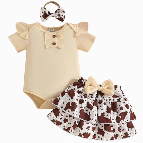 TOWED22 Baby Girl Romper Jumpsuit 3Pcs Outfits Clothing Set Round Neck Short Sleeve Elastic Waist Floral Shorts Bow Headband(Coffee,0-3 M)
