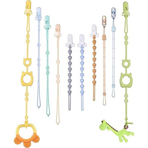Pacifier Clips & Toy Straps 2-in-1 Combo: 10 Pack with Locking Clips | Extra Long Tethers for Stroller/Car Seat Toys + Short Leashes for Baby Pacifiers & Teethers | BPA Free Silicone (Multicolor 1)