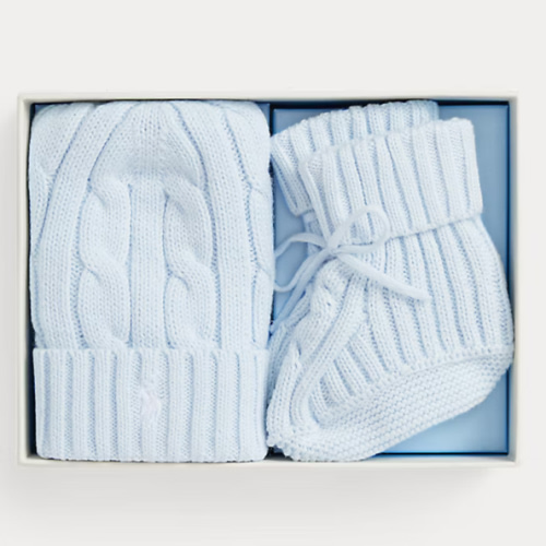 Blue 0-3M Cable-Knit Cotton Beanie & Bootie Set