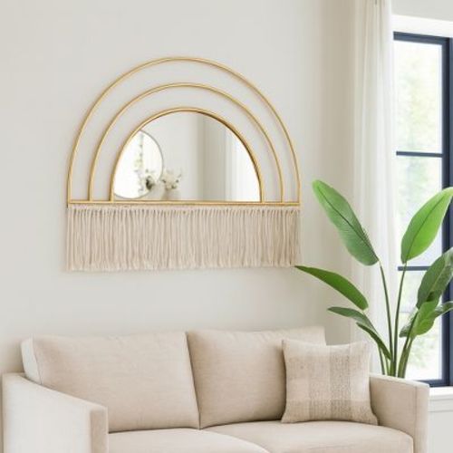 Boho-Chic Inspired Wall Mirror Decorative with Fringe Accent - Arched Wall Mirror for Bedroom, Bathroom, and Dorm Styling - 17", Gold