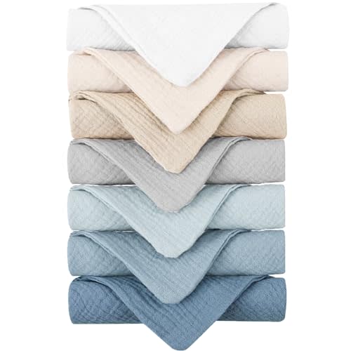 Konssy Baby Muslin Washcloths 7-Pack, 100% Cotton Baby Bath Washcloths, Soft & Absorbent Wash Cloths and Burp Cloths for Newborn Kids Girls & Boys, 11x11 inches
