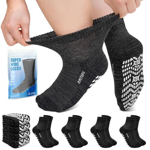 Diabetic Socks for Neuropathy, Non-Slip Grips for Women Men | Soft Bamboo Viscose, Non-Binding, Relieves Swollen Feet & Neuropathy, Anti-Slip Sole for Hospital, 4Pairs