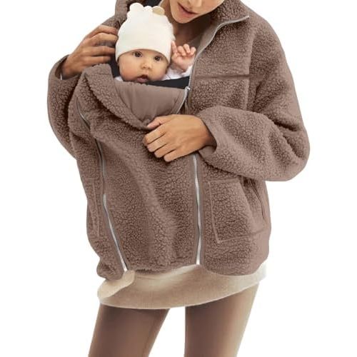 Womens Jacket Shearling Fleece Baby Sherpa Lined Zip Up Hooded Outerwear with Infant Pocket for Mother Overcoat