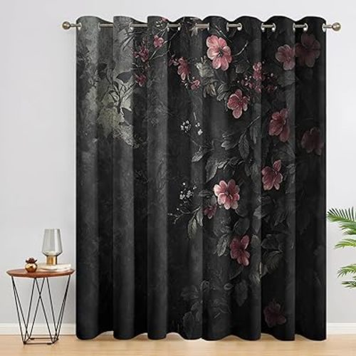Dark Moody Curtains for Living Room, Floral Blackout Curtains for Bedroom - Gothic Flower Decor Window Curtains 63 Inch Length, Grommet Drapes 2 Panels Set
