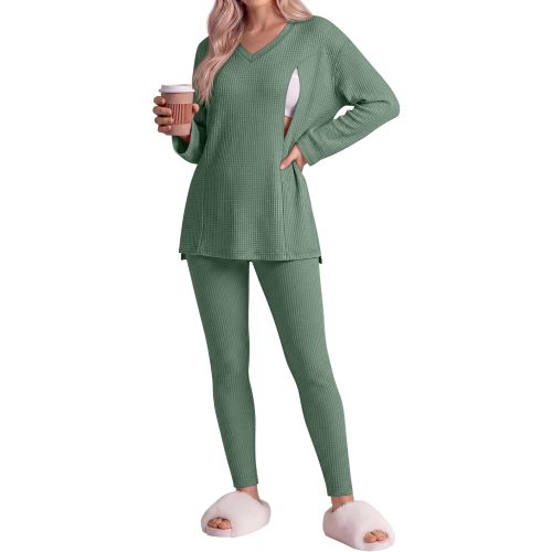 Neer 2 Pcs Maternity Nursing Pajamas Sets Oversize Waffle Breastfeeding Postpartum Outfits Long Sleeve Shirts Legging Pants