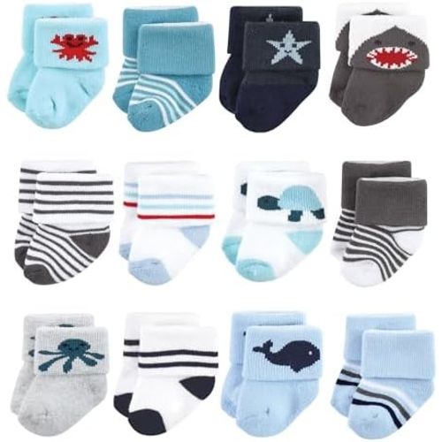 Hudson Baby Basics Unisex Baby Cozy Terry Baby Sock 12-Pack, Ocean Playtime, 0-6 Months