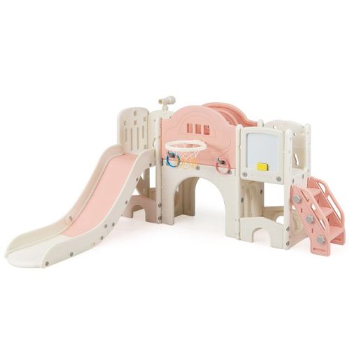 Costway 10 in 1 Toddler Slide Set with Magnetic Whiteboard, Telescope Ring Toss for Ages 3+ Pink & White