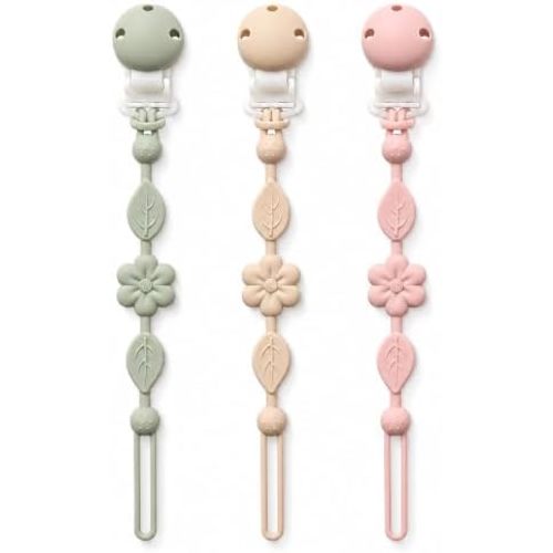 Pacifier Clips for Baby Silicone Pacifier Holder Clips for Boys Girls One Piece Baby Binky Clips YIVEKO Pacifier Clips Flower 3Pcs-Ivory+Sage+Blush