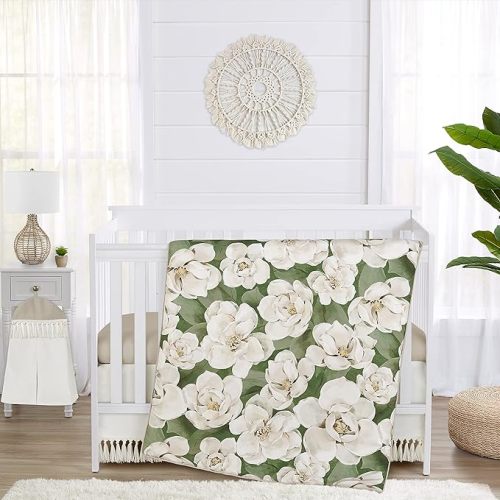 Sweet Jojo Designs Sage Green Boho Flower Floral Girl Baby Crib Bedding Set Infant Nursery Room Blanket Fitted Sheet Skirt Ivory Shabby Chic Bohemian Watercolor Garden Nature Modern Beige Fringe 4pc