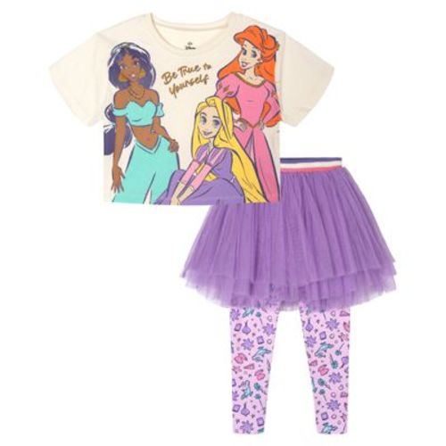 Disney Princess Toddler Girls' 2-Piece Short Sleeve Boxy Graphic Tee and Allover Print Tutu Skirted Pants Outfit Purple Pink 4T