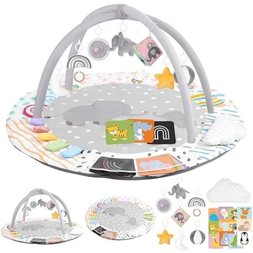 Baby Play Gym & Activity Mat, 4-in-1 Tummy Time Mat with Support Pillow, 7 Detachable Sensory Toys & Educational Cards for Motor Skills Development, Newborn Essentials Shower Gift, Grey Elephant