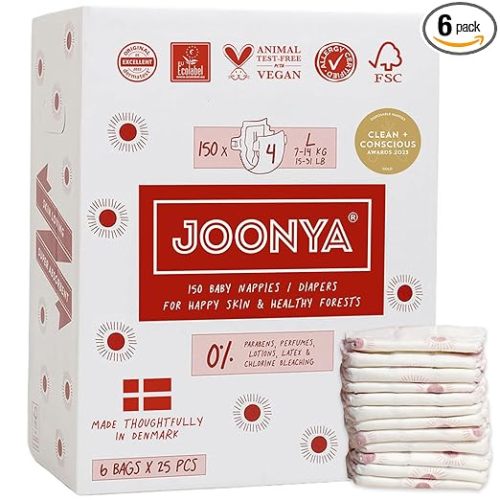 Joonya Baby Diapers, Size 4 L (15-31 lb) - 1 Bag of 25 - Non Toxic, Eco-Friendly, High Absorbency, Overnight Use, Ultra Slim & Soft - Made in Denmark