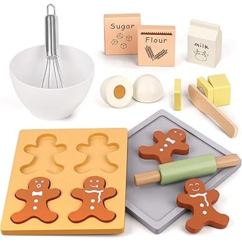 Pillowhale Wooden Gingerbread Cookie Baking Set, 18 Pcs Pretend Play Kitchen Toy with Whisk, Bowl, Tray, Rolling Pin & Expressive Cookies, Pretend Play Baking Set Montessori Gift for Kids Ages 3+