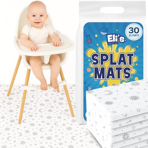 30 Pack Disposable Splat Mats by Eli with Love - Extra Large 49"x49" 100% Waterproof Baby Splat Mat for Under High Chair - Plastic Mat Liner for Floor - Protect from Spills (Moon & Stars, 30 Pack)