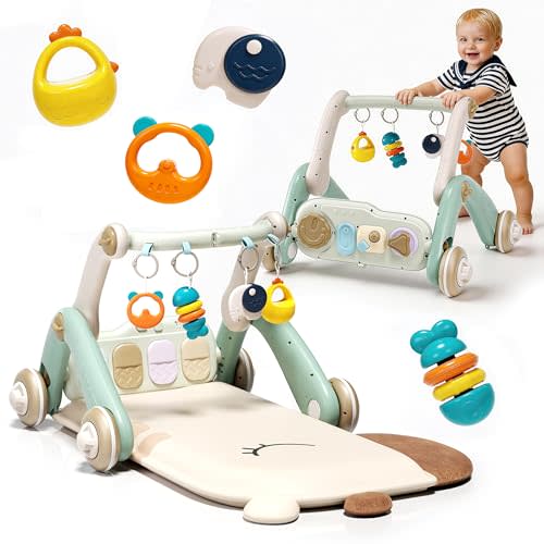 2 in 1 Baby Gym with Walker,Baby Play Mat with 4 Infant Learning Sensory,Double-Sided Multifunctional Removable Play Piano Panel,Sit-to-Stand Learning Walker for 0-24 Months Boy Girl [White]