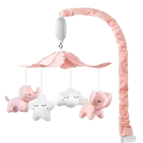 FEISIKE Baby Crib Mobile for Girls Boys with 3 Modes Digital Musical Motor(Rotating Only, Music Only, Rotating & Music, 35 Lullabies, Pink Elephant Nursery Mobile, Knob Type