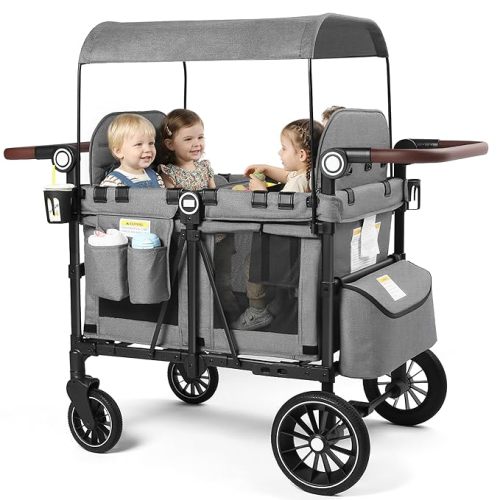 Kinder King Wagon Stroller for 4 Kids, All-Terrain Foldable Outdoor Stroller Wagon 4 Seater, Removable Canopy, Adjustable Handle, Shock-Absorbing Wheel, Detachable Tray, Large Storage, Grey