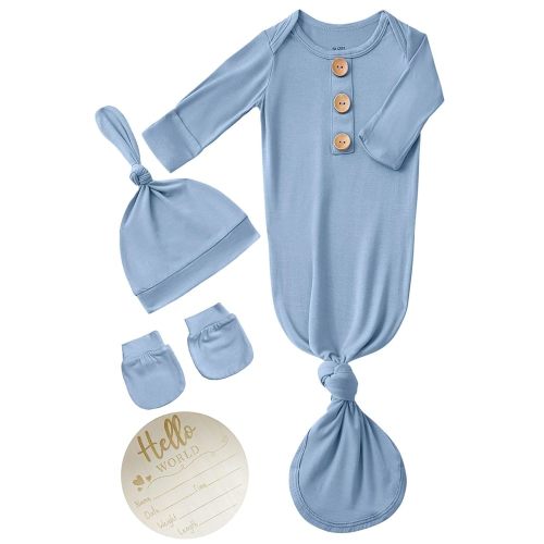 Newborn Baby Knotted Gown Headband/Hat Set Clothes Bamboo Viscose Sleep Gown with Announcement Sign