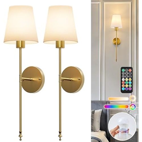Brightown Battery Operated Wall Sconces Set of Two, RGBWW Wireless Rechargeable Wall Lights with Dimmable Magnetic Bulbs and Remote, Gold Wall Lamp for Living Room Bedroom Hallway Decor