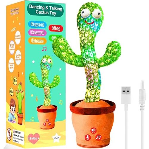 Rechargeable Dancing Talking Cactus Toy for Babies, Interactive Singing & Mimicking Cactus Baby Toy with Volume Control, Fun & Safe Baby Toy for 6-12 Months +, Stocking Stuffer for Toddlers