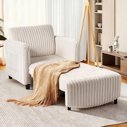 Sleeper Chair, 84" Extra Long Convertible Chair Bed, Upgraded 3-in-1 to 4-in-1 Pull Out Chair & Single Sofa Bed for Adult, Sleeping Chairs for Living Room, Small Space Faux Rabbit Fur White