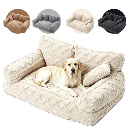 Plush Calming Pet Sofa Bed – Large Dog & Cat Couch Bed with Removable Cover, Furniture Protector Mat for Couch & Car, Soft Cozy Pet Bed