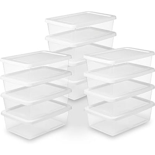 Sterilite 12-Pack Clear Storage Box, Stackable Container Bins with Lids, 12 Qt, White – Plastic Containers for Home, Closet, Bathroom, and Office Organization