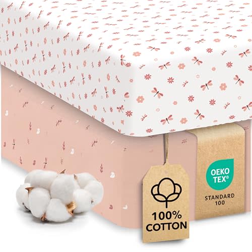 Cotton Crib Sheets 2 Pack – Sweety Fox Mini Fitted Sheets for Baby Boys and Girls, Soft Jersey Knit for Crib or Toddler Bed, Dragonfly Print