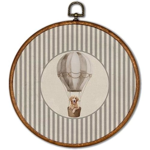 KSDUT Vintage Dog Hot Air Balloon Wall Art Decor - Retro Sports Trendy Wall Art Canvas Frame Hanging Prints, Nursery Sports Gallery Round Artwork Decor for Home Kids Boys Room Decorations 10"x10"
