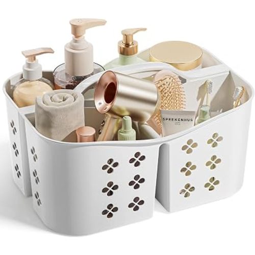 Portable Shower Caddy with Handle, Large Capacity Shower Basket Organizer, Quick-Drain Bathroom Storage Tote, Durable Plastic Shower Organizer for College Dorm, Beach, Gym, Travel Essentials, White