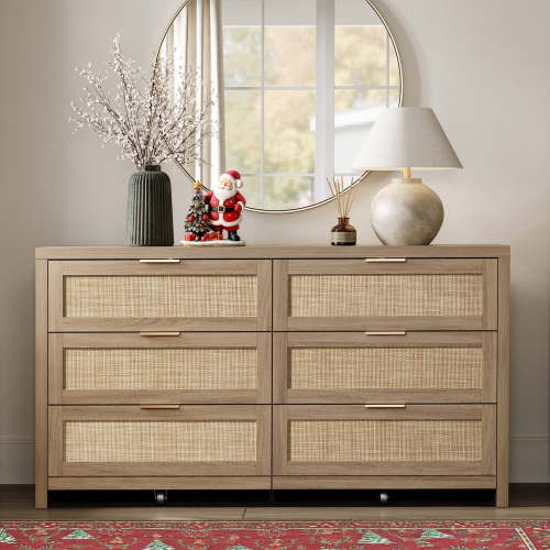 SICOTAS 56.85" 6 Drawer Tall Dressers,Rattan Dresser with Large Storage Space Boho Dressers & Chests of Drawer Wooden Dressers for Bedroom,Light Oak