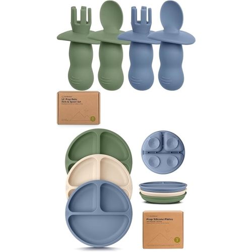 Keababies 4-Pack Silicone Baby Spoons and Forks Set and Suction Plates for Baby, Toddler - Baby Spoon Self Feeding, BLW Baby Utensils - 3-Pack 100% Silicone Divided Baby Plates with Suction