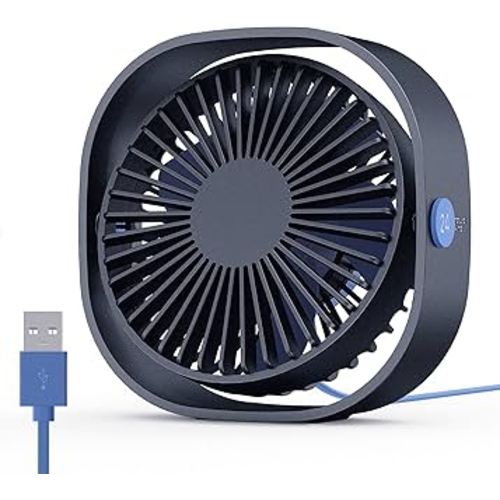 EasyAcc USB Desk Fan, 3 Speeds USB Fan [Lower Noise USB Powered ONLY&Powerful Desk Fan] USB Portable Powered Fan, 360°Rotatable Personal Table Fan Travel Fan for Desk Home Bedroom Office（USB-Powered）