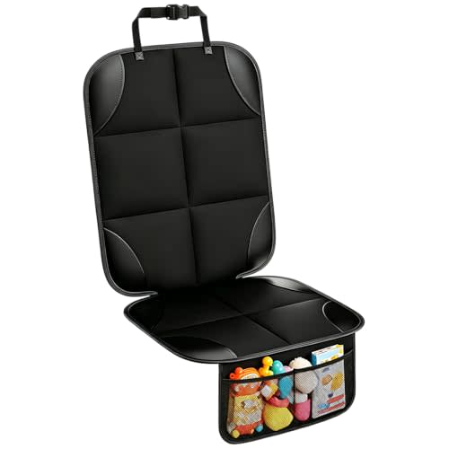 Universal Car Seat Protector - Waterproof Leather Seat Cover with Non-Slip Back & Organizer Pockets, Thick Padding for Child Safety (1, Black)