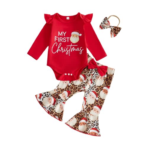 My First Christmas Baby Girl Outfit Romper Flared Pants Headband | Newborn Baby Girl Christmas Outfit, Santa Claus/Xmas Tree Ruffle Onesie Bell Bottoms, Perfect Xmas Photo & Holiday Gift 0-18M