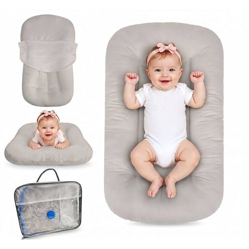 Baby Lounger for Newborn 0-24 Months, Bionic Design Infant Floor Seats & Loungers for Home and Travel, Soft Organic Cotton Baby Lounger, Newborn Babies Shower Gifts (Apricot)