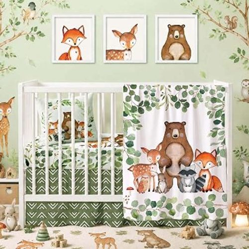 5 Pcs Baby Crib Bedding Set, Woodland Forest Animals Nursery Baby Crib Set