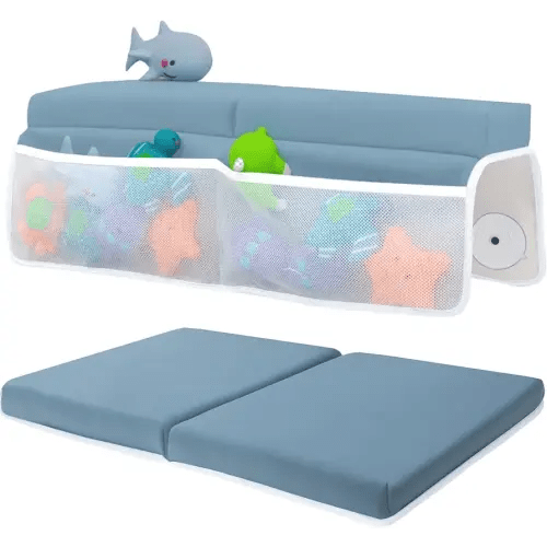 Comfortable Baby Bath Kneeler and Elbow Rest Pad Set – Thick Memory Foam Bath Kneeling Pad with Elbow Support – Baby Bathtub Cushion with Toy Organizer for Bathing Infant or Toddler - Blue