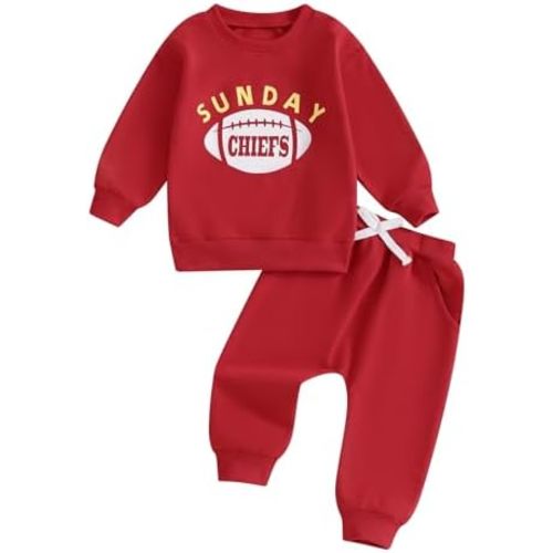 Toddler Baby Boy Football Outfit Long Sleeve Sunday Football Chiefs Print Sweatshirt Pants Set Fall Winter Clothes