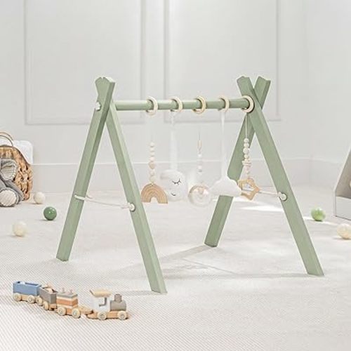 Comfy Cubs Wooden Baby Play Gym - Natural Finish Pinewood Baby Activity Gym with 5 Sensory Hanging Toys - Easy No-Tool Assembly, Safe and Durable for Infant Motor and Visual Development - Sage