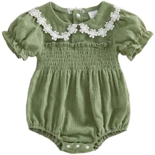 Baby Girl Summer Outfits Newborn Flower Embroidered Eyelet Ruffled Hem Short Sleeve Romper and Bow Headband Set